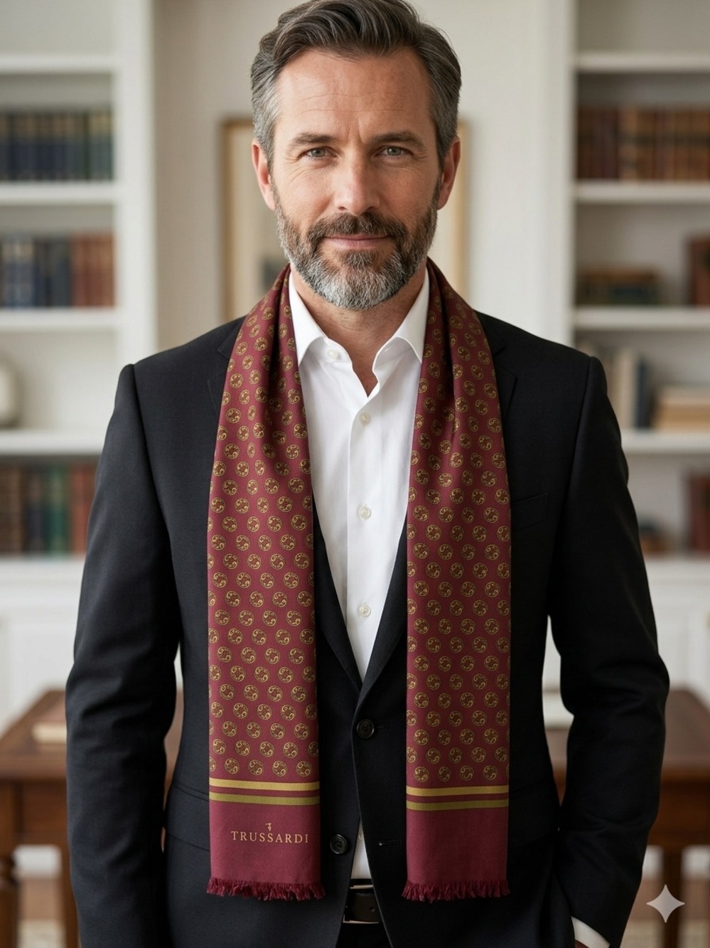 Trussardi Burgundy Paisley-Accent Silk Scarf unisex